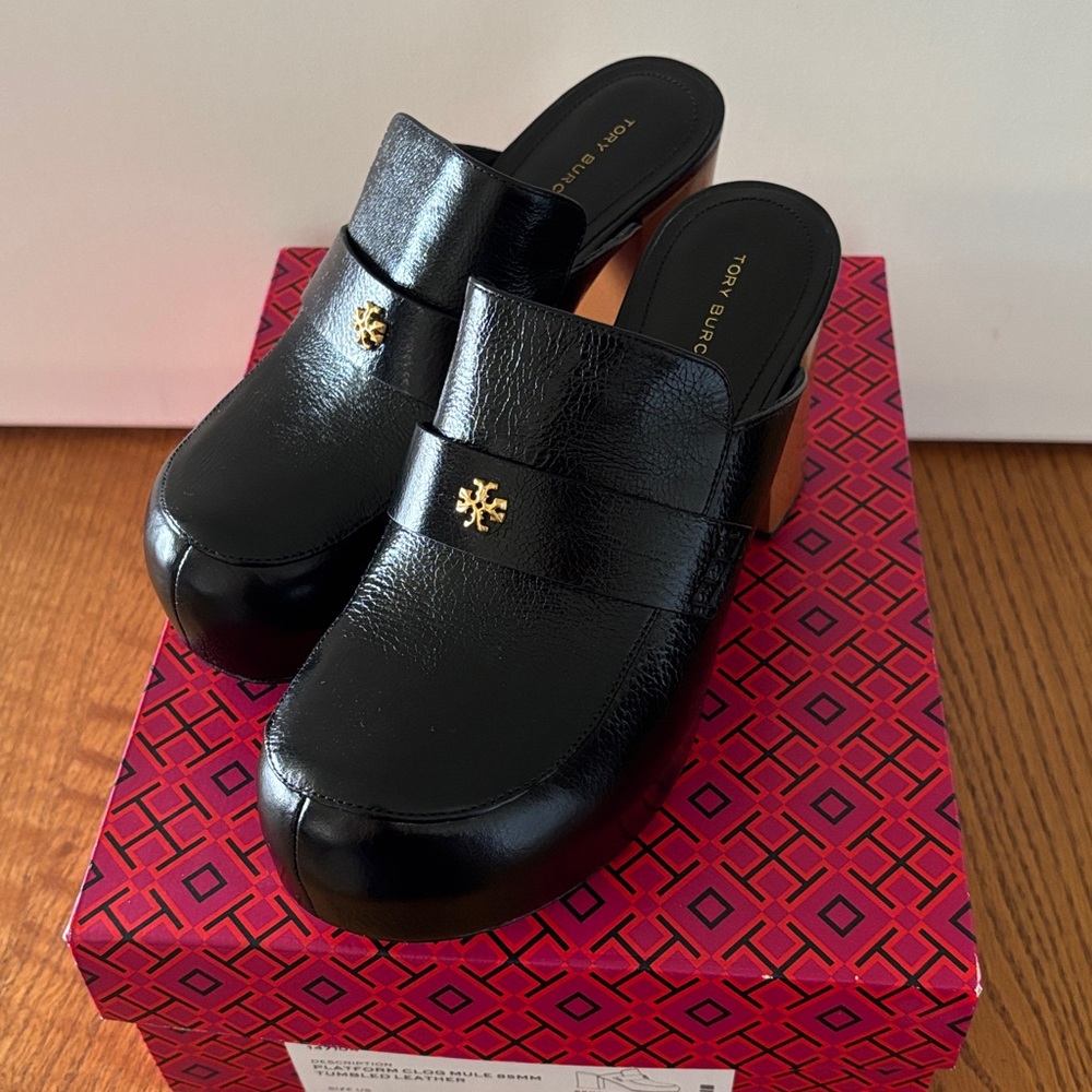 Tory Burch Black Leather Clogs with Gold Accent - Picture 4 of 5